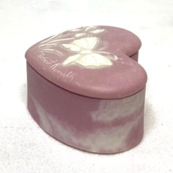 Vtg Robert Nemith Soapstone Heart Shaped Trinket Box Pink White Butterfly & Iris - Picture 7 of 8
